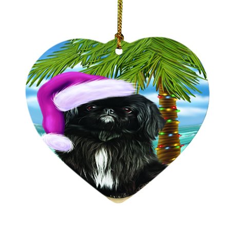 Summertime Happy Holidays Christmas Pekingese Dog on Tropical Island Beach Heart Ornament D443