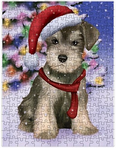 Winterland Wonderland Schnauzers Puppy Dog In Christmas Holiday Scenic Background Puzzle with Photo Tin