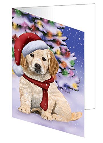 Winterland Wonderland Golden Retrievers Dog In Christmas Holiday Scenic Background Handmade Artwork Assorted Pets Greeting Cards and Note Cards with Envelopes for All Occasions and Holiday Seasons