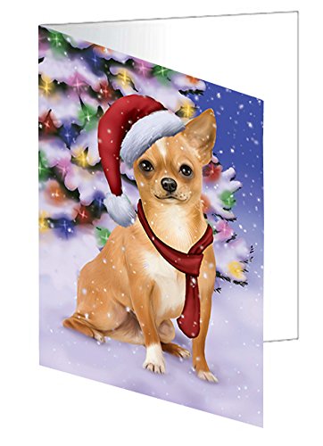 Winterland Wonderland Chihuahua Puppy Dog In Christmas Holiday Scenic Background Handmade Artwork Assorted Pets Greeting Cards and Note Cards with Envelopes for All Occasions and Holiday Seasons