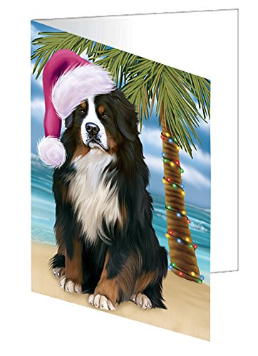 Summertime Christmas Happy Holidays Bernese Mountain Dog on Beach Handmade Artwork Assorted Pets Greeting Cards and Note Cards with Envelopes for All Occasions and Holiday Seasons GCD3085