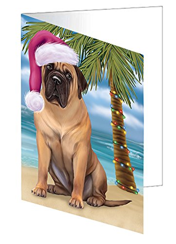 Summertime Happy Holidays Christmas Bull Mastiff Dog on Tropical Island Beach Handmade Artwork Assorted Pets Greeting Cards and Note Cards with Envelopes for All Occasions and Holiday Seasons D396