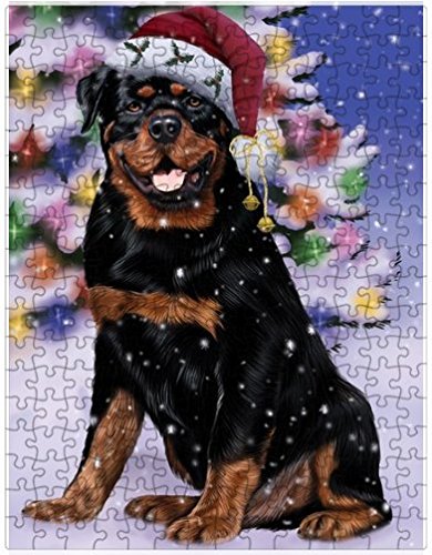 Winterland Wonderland Rottweiler Dog In Christmas Holiday Scenic Background Puzzle with Photo Tin