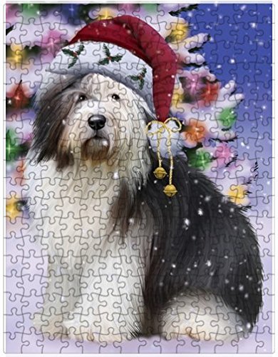 Winterland Wonderland Old English Sheepdog Dog In Christmas Holiday Scenic Background Puzzle with Photo Tin