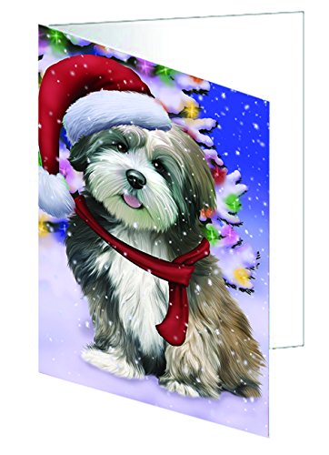 Winterland Wonderland Lhasa Apso Dog In Christmas Holiday Scenic Background Handmade Artwork Assorted Pets Greeting Cards and Note Cards with Envelopes for All Occasions and Holiday Seasons