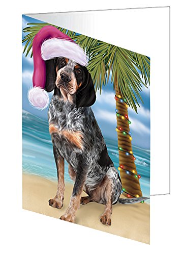 Summertime Happy Holidays Christmas Bluetick Coonhound Dog on Tropical Island Beach Handmade Artwork Assorted Pets Greeting Cards and Note Cards with Envelopes for All Occasions and Holiday Seasons