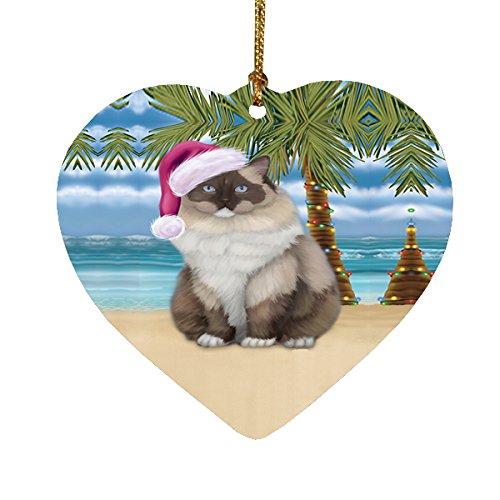 Summertime Ragdoll Cat on Beach Christmas Heart Ornament POR2313