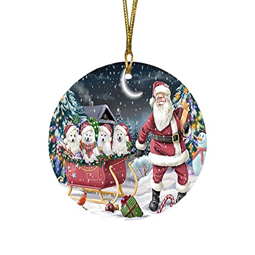 Santa Sled Dogs Samoyed Christmas Round Flat Ornament POR1555