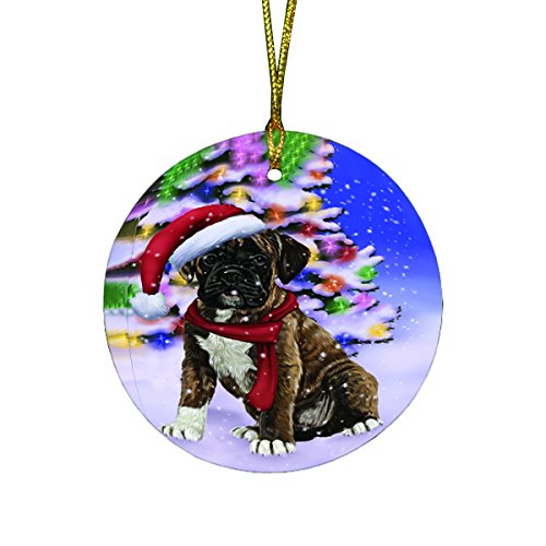 Winterland Wonderland Boxers Dog In Christmas Holiday Scenic Background Round Ornament D486