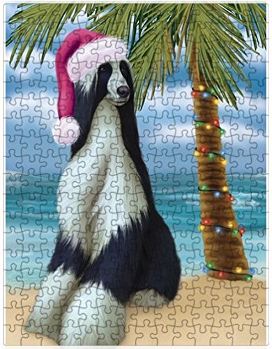Summertime Happy Holidays Christmas Afghan Hound Dog on Tropical Island Beach Puzzle with Photo Tin