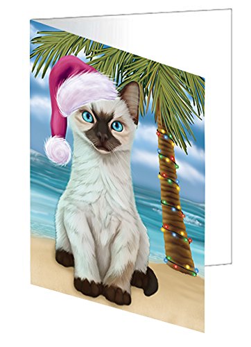 Summertime Christmas Happy Holidays Siamese Cat on Beach Handmade Artwork Assorted Pets Greeting Cards and Note Cards with Envelopes for All Occasions and Holiday Seasons GCD3220