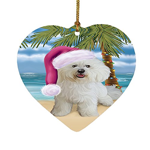 Summertime Happy Holidays Christmas Bichon Frise Dog on Tropical Island Beach Heart Ornament