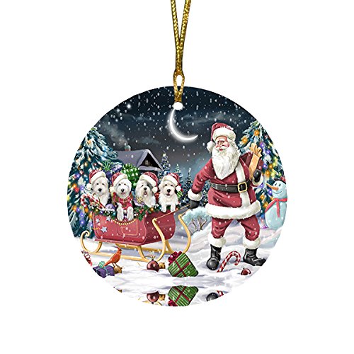 Santa Sled Dogs Old English Sheepdog Christmas Round Flat Ornament POR1532