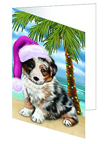 Summertime Christmas Australian Shepherd Dog on Island Beach Handmade Artwork Assorted Pets Greeting Cards and Note Cards with Envelopes for All Occasions and Holiday Seasons