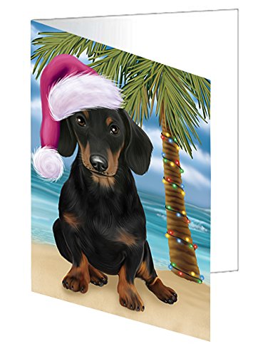 Summertime Christmas Happy Holidays Dachshund Dog on Beach Handmade Artwork Assorted Pets Greeting Cards and Note Cards with Envelopes for All Occasions and Holiday Seasons GCD3135