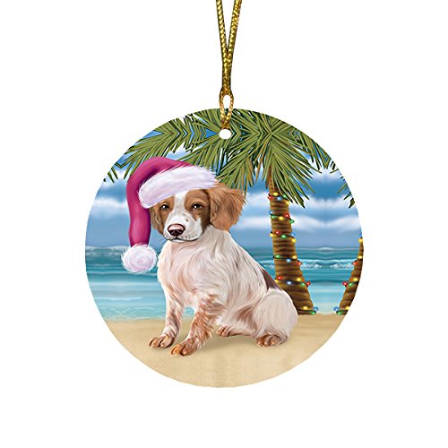 Summertime Christmas Happy Holidays Brittany Spaniel Dog on Beach Round Flat Ornament POR1241