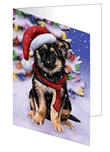 Winterland Wonderland German Shepherds Puppy Dog In Christmas Holiday Scenic Background Handmade Artwork Assorted Pets Greeting Cards and Note Cards with Envelopes for All Occasions and Holiday Seasons