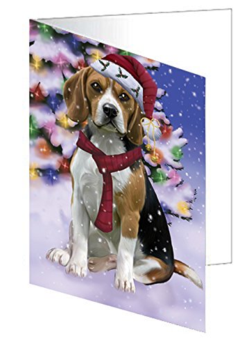 Winterland Wonderland Beagles Dog In Christmas Holiday Scenic Background Handmade Artwork Assorted Pets Greeting Cards and Note Cards with Envelopes for All Occasions and Holiday Seasons