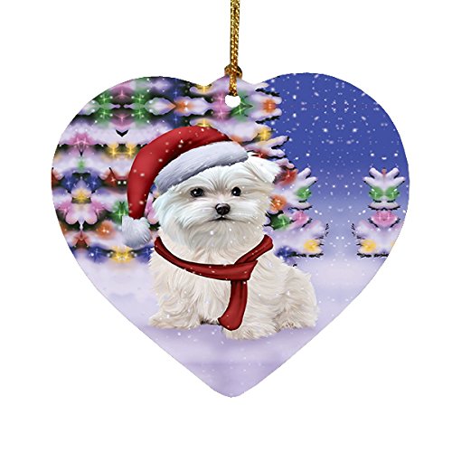 Winterland Wonderland Maltese Puppy Dog In Christmas Holiday Scenic Background Heart Ornament