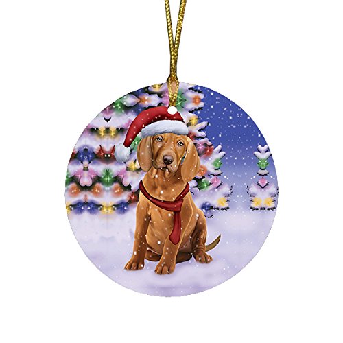 Winterland Wonderland Vizsla Puppy Dog In Christmas Holiday Scenic Background Round Ornament
