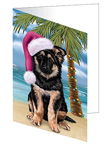 Summertime Happy Holidays Christmas German Shepherd Dog on Tropical Island Beach Handmade Artwork Assorted Pets Greeting Cards and Note Cards with Envelopes for All Occasions and Holiday Seasons D415