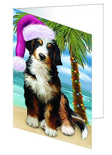 Summertime Christmas Bernedoodle Dog on Tropical Island Beach Handmade Artwork Assorted Pets Greeting Cards and Note Cards with Envelopes for All Occasions and Holiday Seasons
