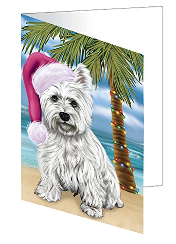 Summertime Happy Holidays Christmas West Highland Terriers Dog on Tropical Island Beach Handmade Artwork Assorted Pets Greeting Cards and Note Cards with Envelopes for All Occasions and Holiday Seasons D451