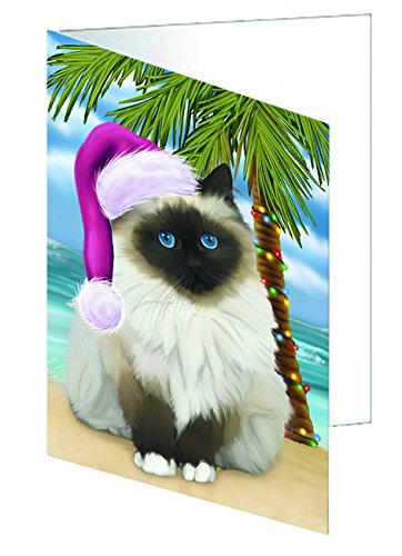 Summertime Happy Holidays Christmas Birman Cat on Tropical Island Beach Handmade Artwork Assorted Pets Greeting Cards and Note Cards with Envelopes for All Occasions and Holiday Seasons