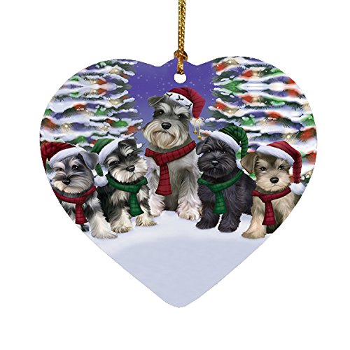 Schnauzers Dog Christmas Family Portrait in Holiday Scenic Background Heart Ornament