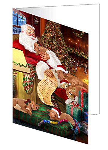 Vizsla Dog and Puppies Sleeping with Santa Handmade Artwork Assorted Pets Greeting Cards and Note Cards with Envelopes for All Occasions and Holiday Seasons