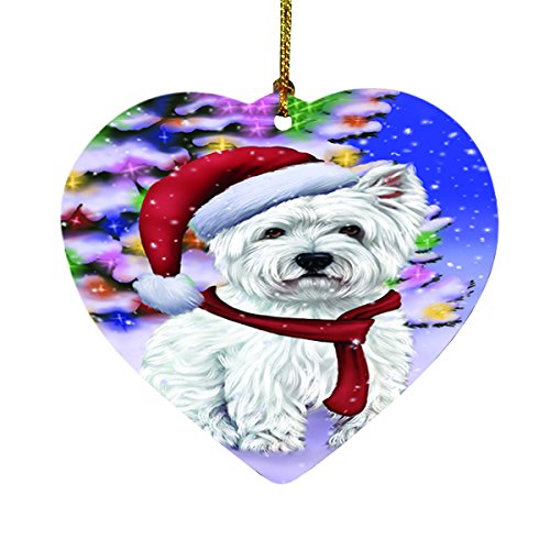 Winterland Wonderland West Highland Terriers Puppy Dog In Christmas Holiday Scenic Background Heart Ornament D520