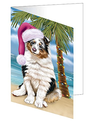 Summertime Happy Holidays Christmas Shetland Sheepdogs Dog on Tropical Island Beach Handmade Artwork Assorted Pets Greeting Cards and Note Cards with Envelopes for All Occasions and Holiday Seasons D443