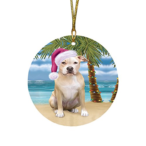 Summertime Pit Bull Dog on Beach Christmas Round Flat Ornament POR1716