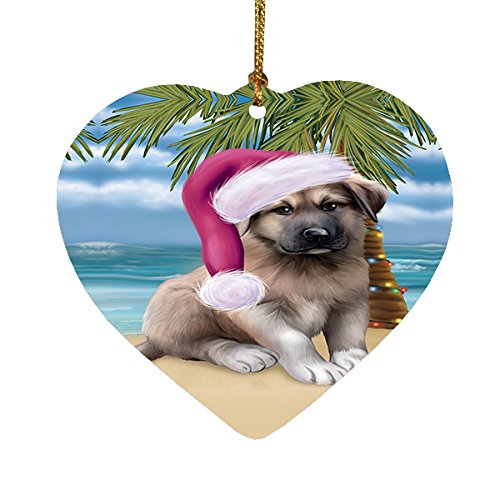 Summertime Happy Holidays Christmas Anatolian Shepherds Dog on Tropical Island Beach Heart Ornament