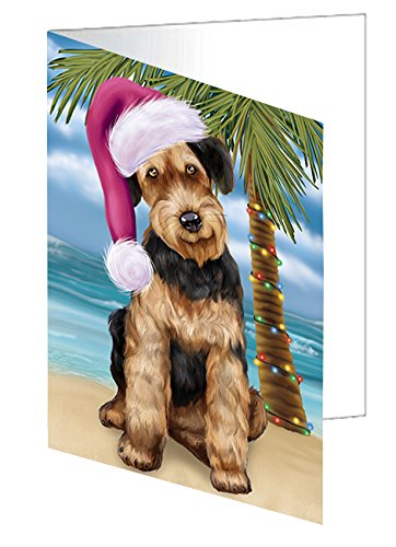 Summertime Happy Holidays Christmas Airedale Dog on Tropical Island Beach Handmade Artwork Assorted Pets Greeting Cards and Note Cards with Envelopes for All Occasions and Holiday Seasons