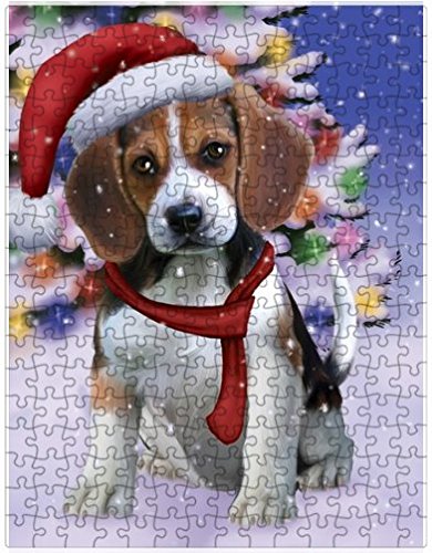 Winterland Wonderland Beagles Dog In Christmas Holiday Scenic Background Puzzle with Photo Tin