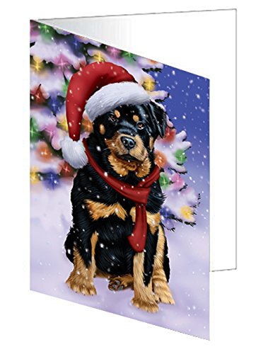 Winterland Wonderland Rottweiler Dog In Christmas Holiday Scenic Background Handmade Artwork Assorted Pets Greeting Cards and Note Cards with Envelopes for All Occasions and Holiday Seasons