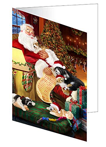 Tibetan Terrier Dog and Puppies Sleeping with Santa Handmade Artwork Assorted Pets Greeting Cards and Note Cards with Envelopes for All Occasions and Holiday Seasons