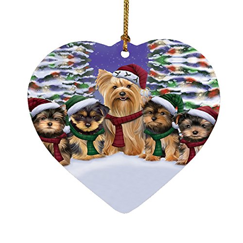 Yorkshire Terriers Dog Christmas Family Portrait in Holiday Scenic Background Heart Ornament