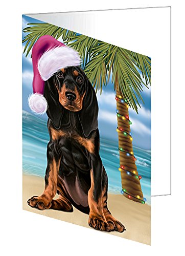 Summertime Christmas Happy Holidays Coonhound Dog on Beach Handmade Artwork Assorted Pets Greeting Cards and Note Cards with Envelopes for All Occasions and Holiday Seasons GCD3125