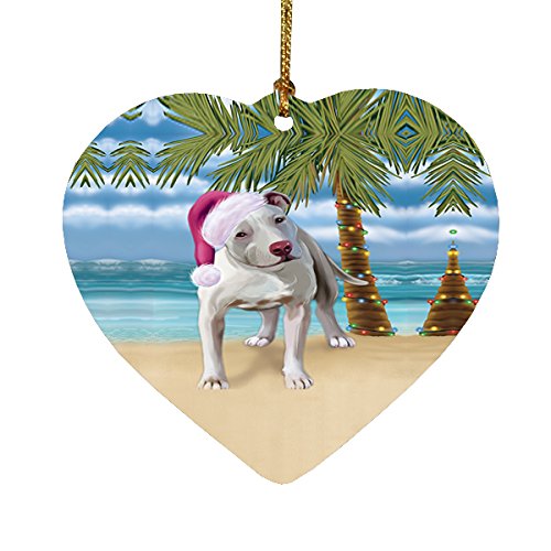 Summertime Pit Bull Dog on Beach Christmas Heart Ornament POR2267