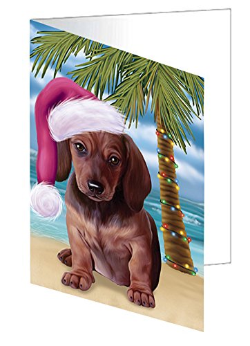 Summertime Happy Holidays Christmas Dachshunds Dog on Tropical Island Beach Handmade Artwork Assorted Pets Greeting Cards and Note Cards with Envelopes for All Occasions and Holiday Seasons D409