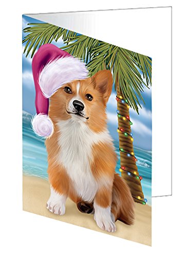 Summertime Christmas Happy Holidays Welsh Corgi Dog on Beach Handmade Artwork Assorted Pets Greeting Cards and Note Cards with Envelopes for All Occasions and Holiday Seasons GCD3235