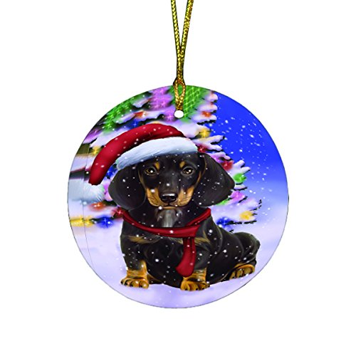 Winterland Wonderland Dachshunds Dog In Christmas Holiday Scenic Background Round Ornament D490