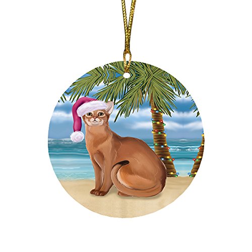 Summertime Christmas Happy Holidays Abyssinian Cat on Beach Round Flat Ornament POR1228