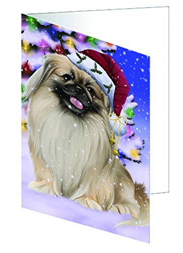 Winterland Wonderland Pekingese Dog In Christmas Holiday Scenic Background Handmade Artwork Assorted Pets Greeting Cards and Note Cards with Envelopes for All Occasions and Holiday Seasons