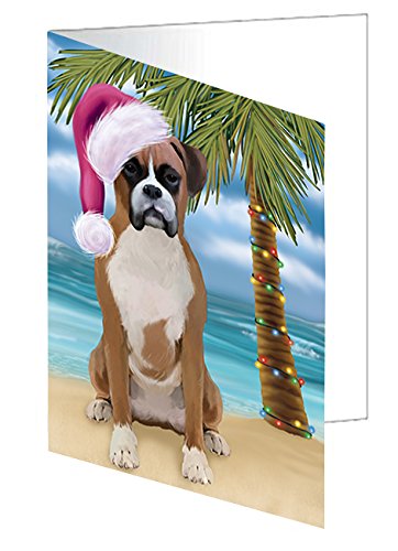 Summertime Christmas Happy Holidays Boxer Dog on Beach Handmade Artwork Assorted Pets Greeting Cards and Note Cards with Envelopes for All Occasions and Holiday Seasons GCD3090