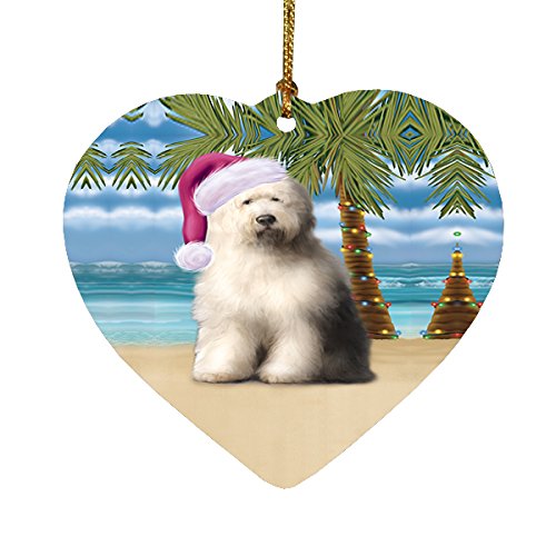Summertime Old English Sheepdog on Beach Christmas Heart Ornament POR2243