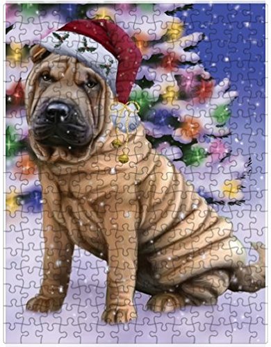 Winterland Wonderland Shar Pei Dog In Christmas Holiday Scenic Background Puzzle with Photo Tin