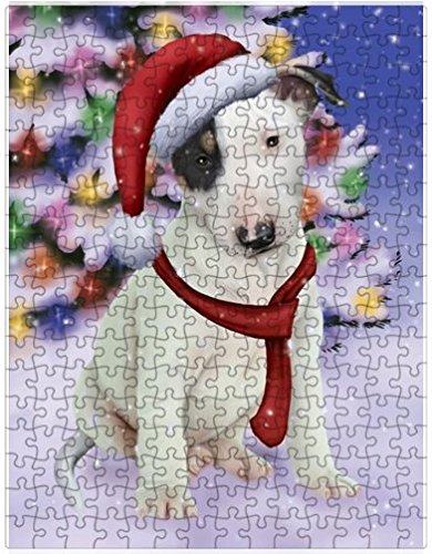 Winterland Wonderland Bull Terrier Puppy Dog In Christmas Holiday Scenic Background Puzzle with Photo Tin